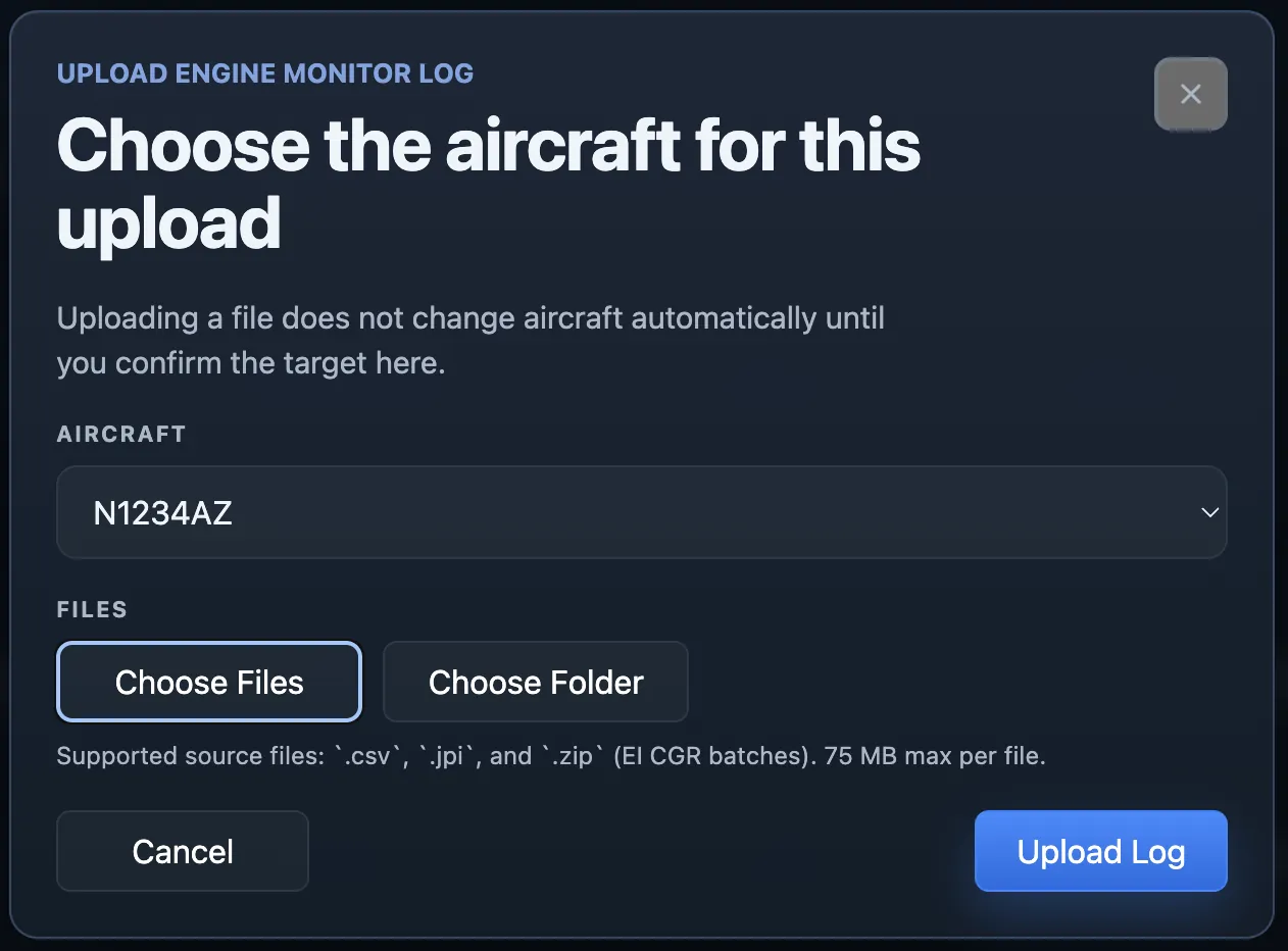 Upload Engine Monitor Log panel prompting the user to choose the aircraft before selecting files